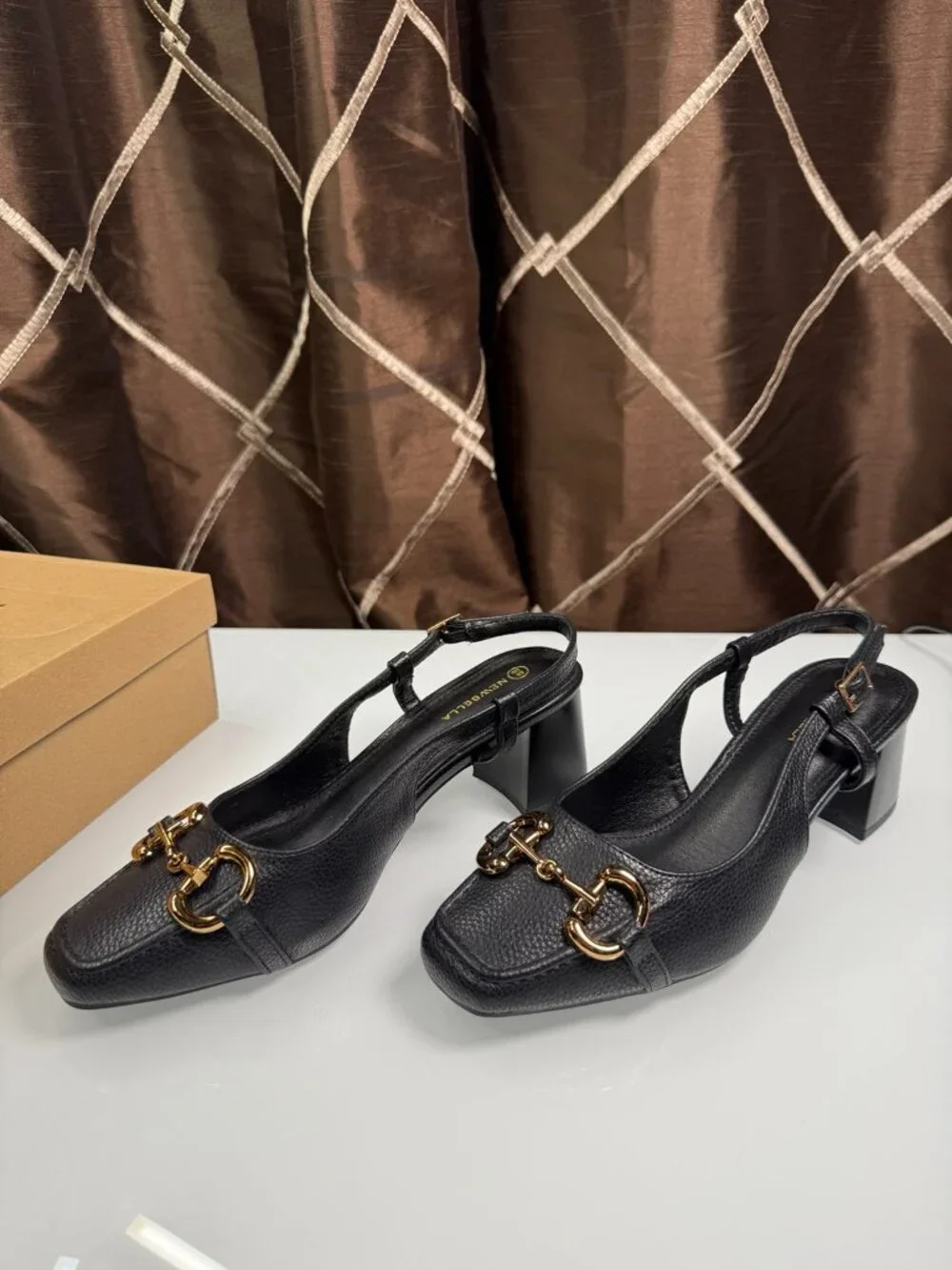 Newbella Black Horsebit Slingback Block Heel Pumps Size 9